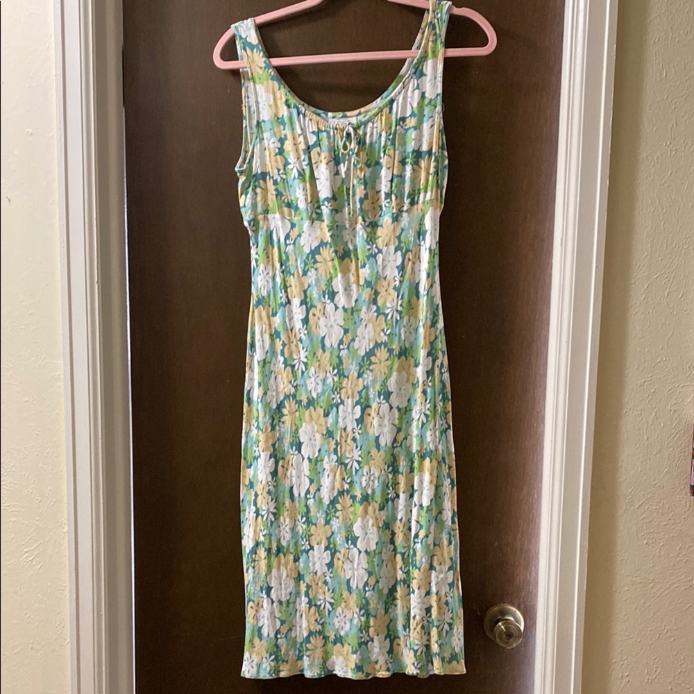 LOFT Floral Midi Dress - Green, Yellow, White